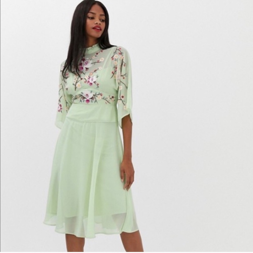 asos Mint Green Floral Embroidered Midi Dress Sz 10 (US) High Neck Sheer 70s